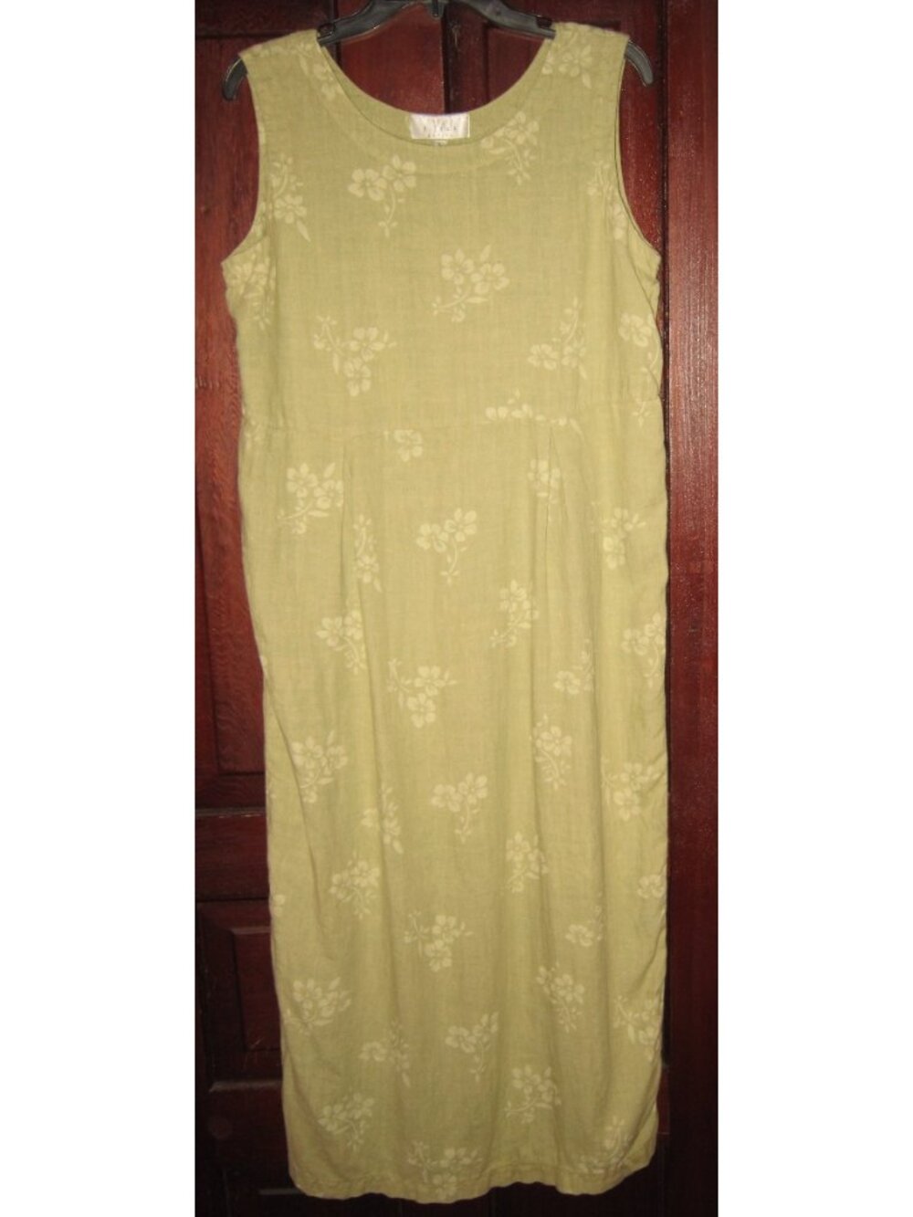 J. Jill Petite L VTG 100% Linen Maxi Dress Floral Hand Dyed Green Sleeveless USA